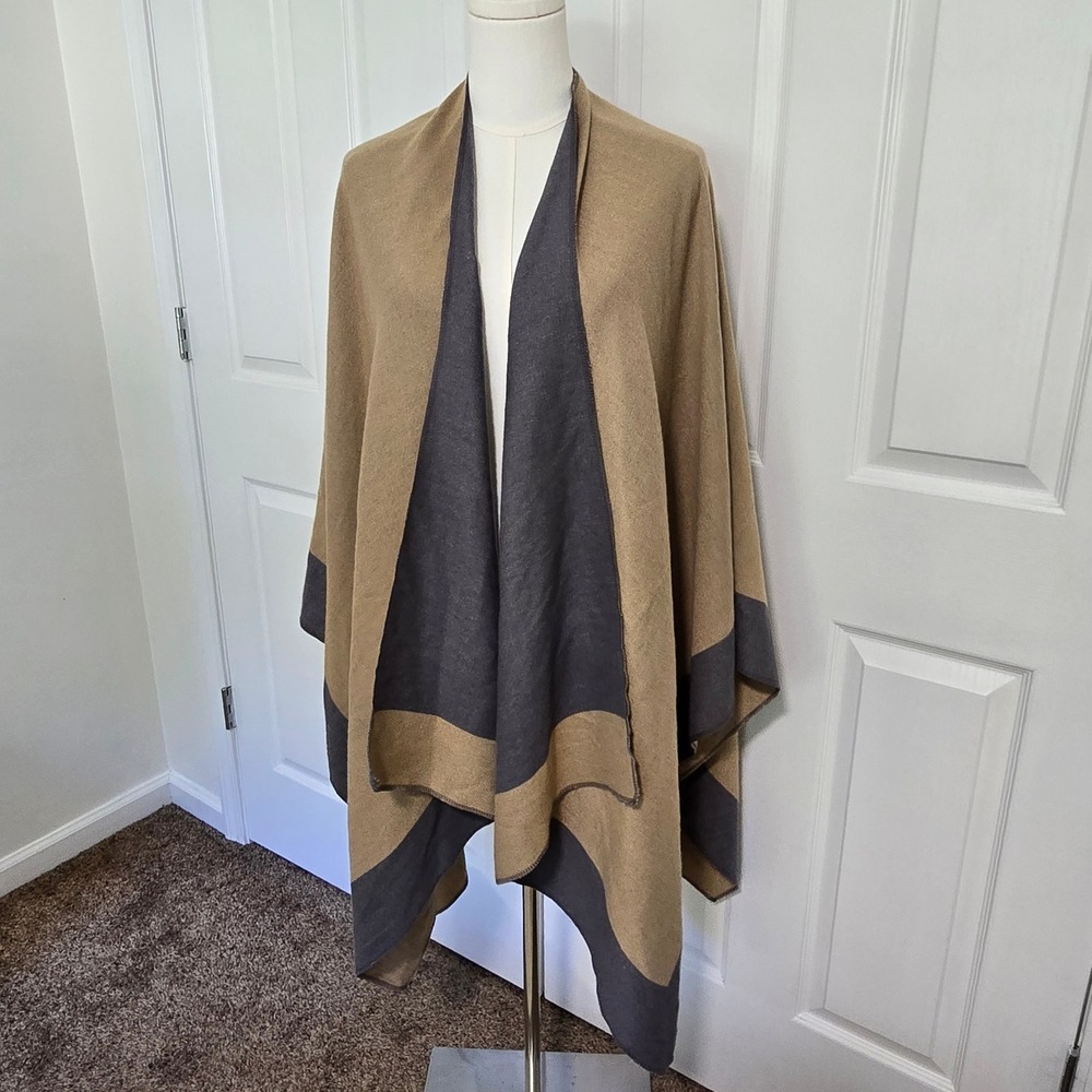 Unbranded Poncho Wrap Women One Size Tan Grey Reversible Colorblock Open Front
